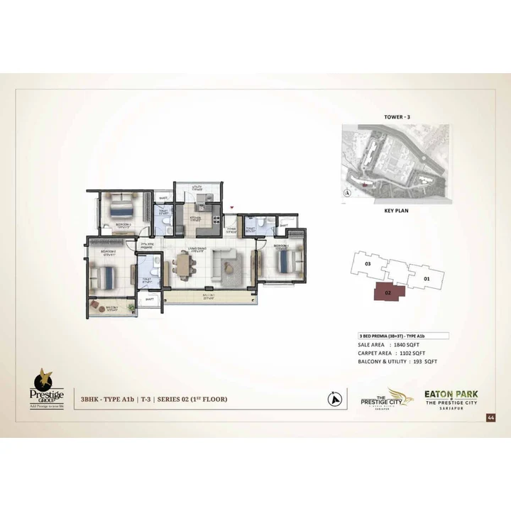 Eaton Park at The Prestige City 3 BHK unit plan variant on brochure page 44 Eaton Park at The Prestige City 3 BHK unit plan variant on brochure page 44