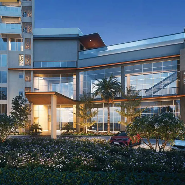 Clubhouse entrance rendering — artist's impression from the developer brochure