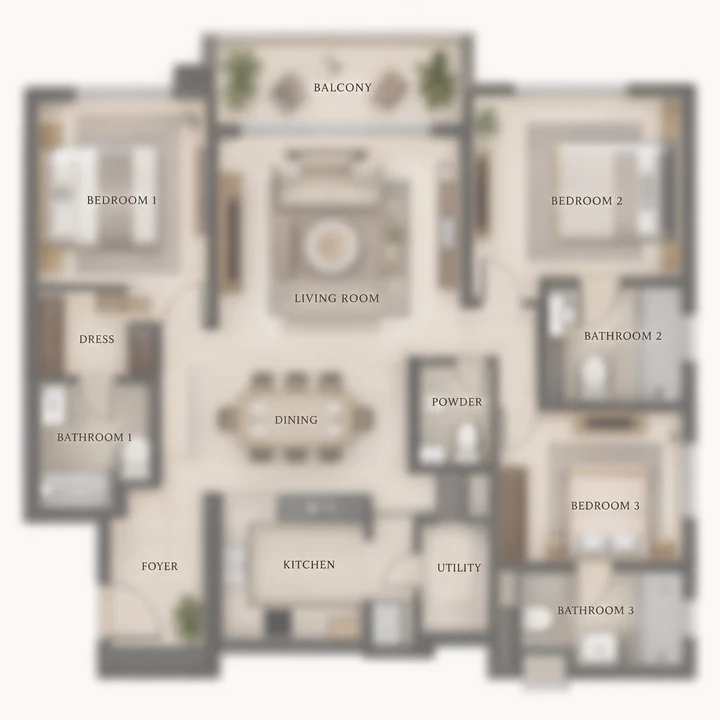 Prestige Greenmoor 3 BHK indicative floor plan