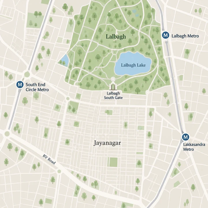 Prestige Greenmoor location map in Jayanagar with Lalbagh, Lalbagh Lake, Lalbagh South Gate, South End Circle, Lalbagh and Lakkasandra metro stations and RV Road