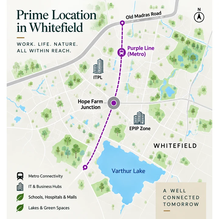Prestige Grove Hills location map in Whitefield with Hope Farm Junction, the Purple Line, ITPL, EPIP Zone, Varthur Lake and Old Madras Road