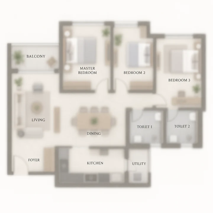 Prestige Oakville 3 BHK with two toilets indicative floor plan