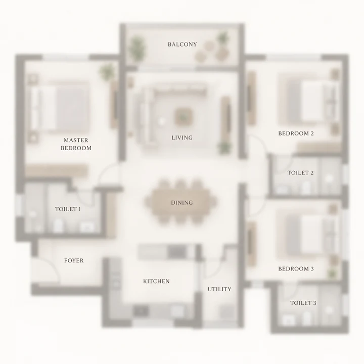 Prestige Oakville 3 BHK indicative floor plan