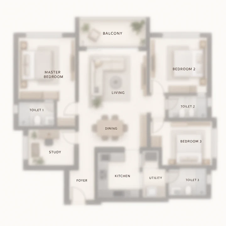 Prestige Oakville 3 BHK plus study indicative floor plan