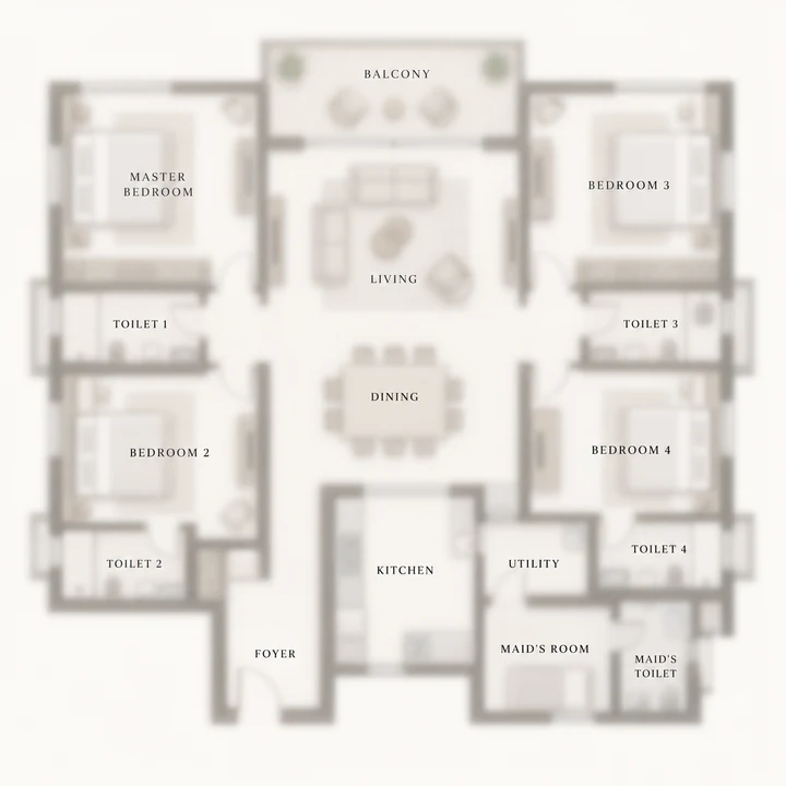Prestige Oakville 4 BHK plus maid's room indicative floor plan