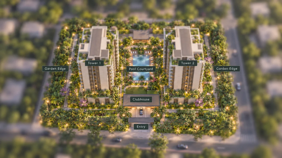 Prestige Oakville indicative site layout with Tower 1, Tower 2, the pool courtyard, the clubhouse and garden edges