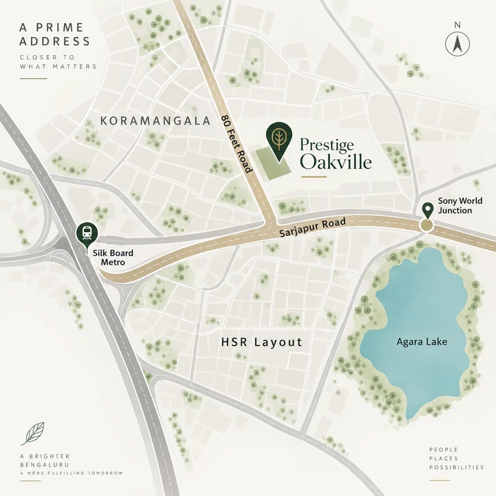 Prestige Oakville location map in Koramangala with 80 Feet Road, Sarjapur Road, Sony World Junction, Silk Board Metro, HSR Layout and Agara Lake