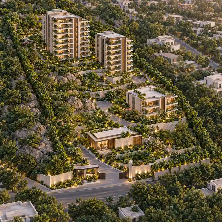 Prestige Rock Cliff aerial view of the hillside site, artist's impression.