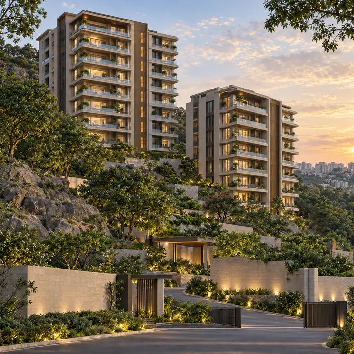 Prestige Rock Cliff towers on the Banjara Hills hillside, artist's impression.