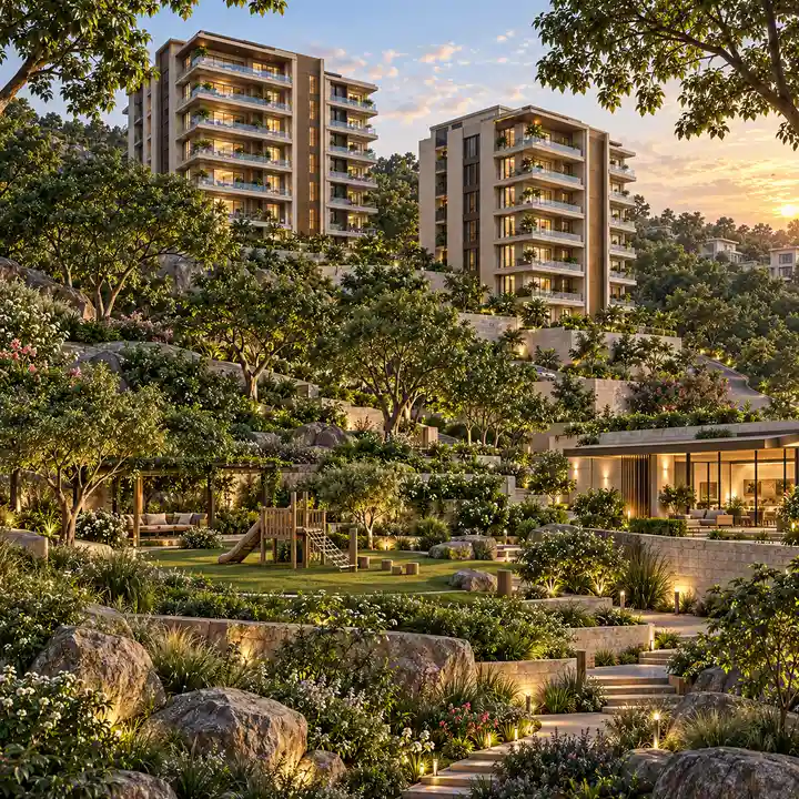 Prestige Rock Cliff gardens and play lawn, artist's impression.