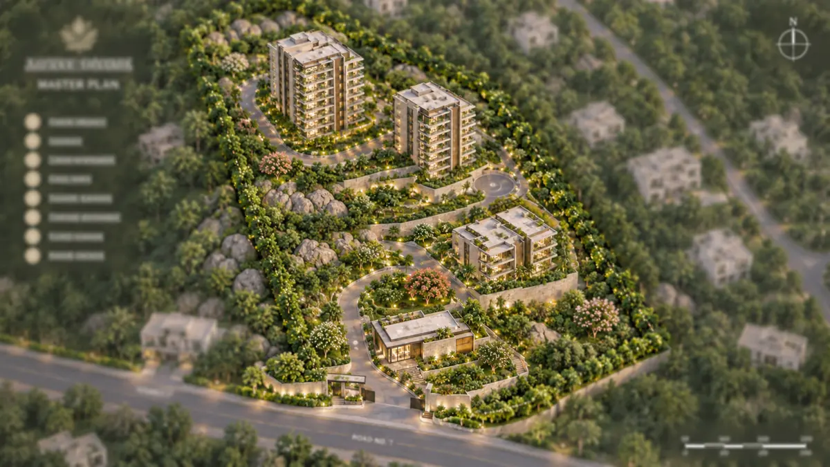 Prestige Rock Cliff indicative site layout with two towers, the six-home block and the clubhouse on the hillside