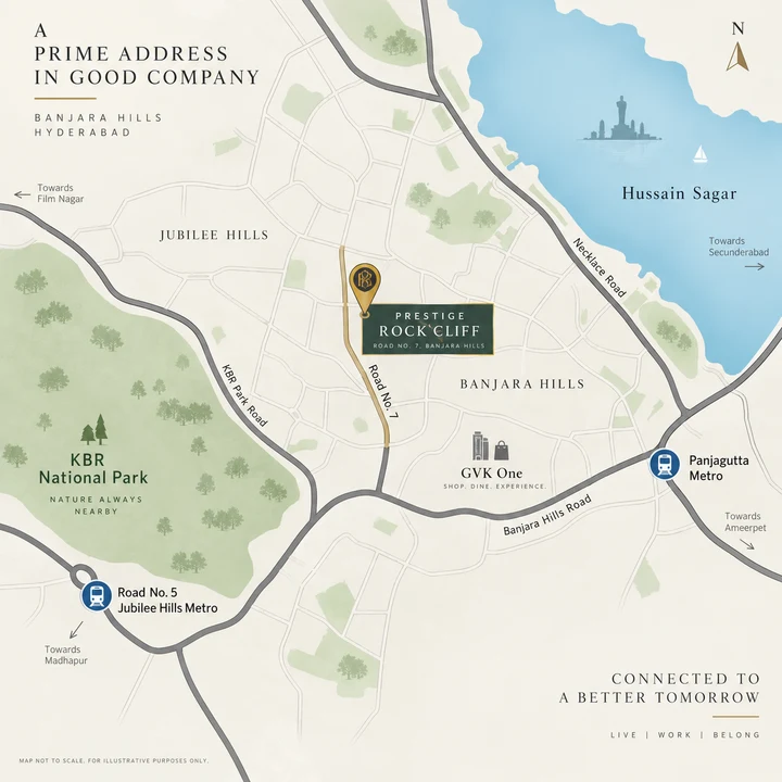 Prestige Rock Cliff location map on Road No. 7, Banjara Hills with KBR National Park, GVK One, Panjagutta Metro and Hussain Sagar