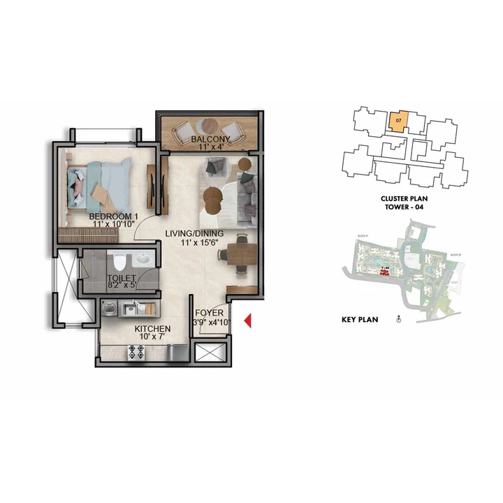 Prestige Southern Star 1 BHK Classic floor plan, Type A1