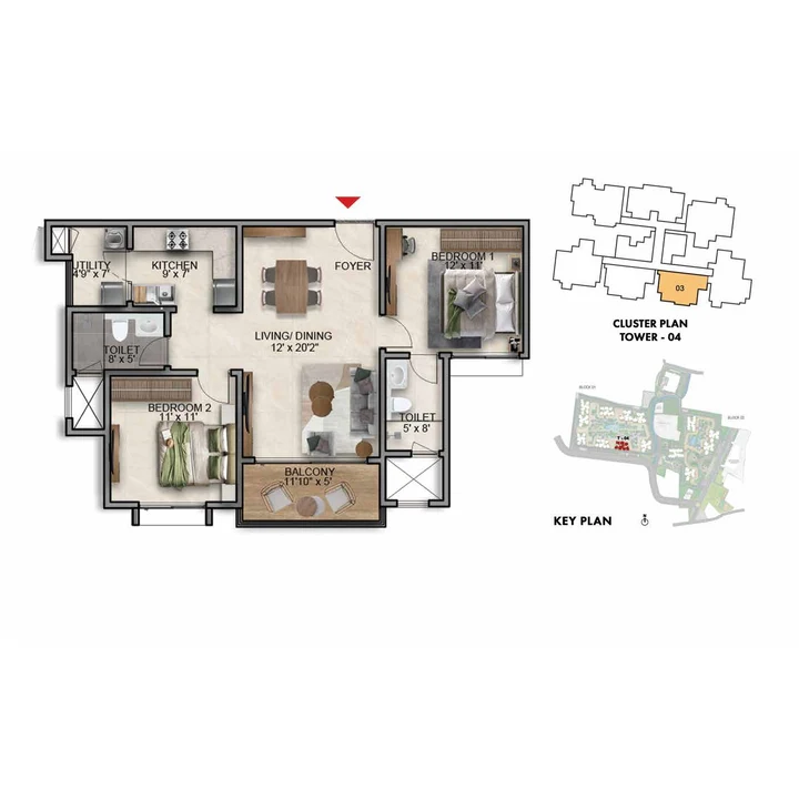 Prestige Southern Star 2 BHK Optima floor plan, Type B3