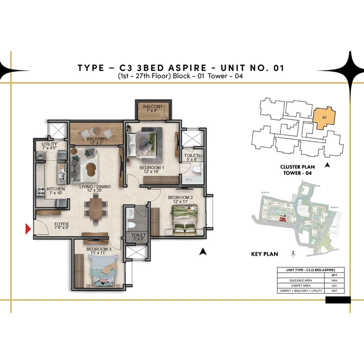 Prestige Southern Star 3 BHK Aspire floor plan, Type C3
