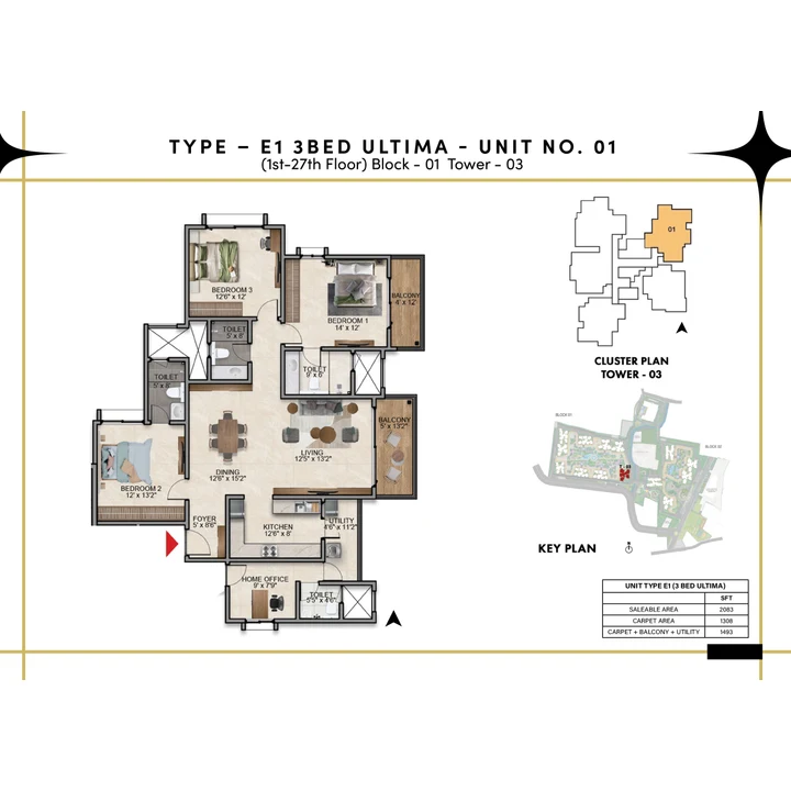 Prestige Southern Star 3 BHK Ultima floor plan, Type E1