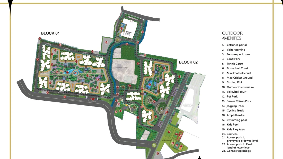 Prestige Southern Star master plan of Block 01 and Block 02 with the towers, central park and outdoor amenities