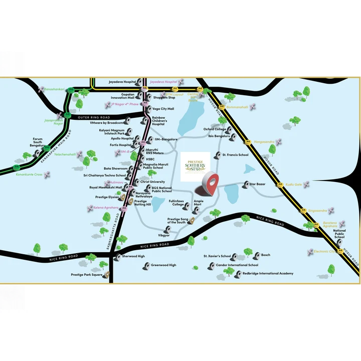 Prestige Southern Star location map off Bannerghatta Road with the Outer Ring Road, NICE Road, schools, hospitals and malls nearby