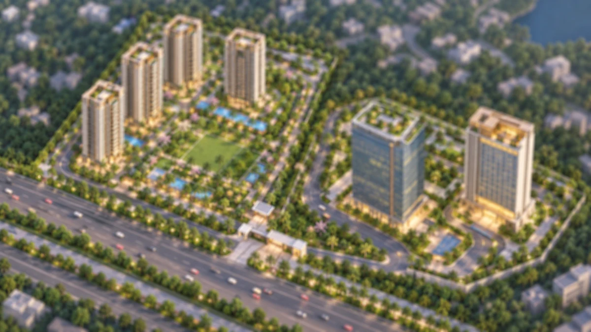 The Prestige Place Budvel indicative site layout with four residential towers, an office tower and a hotel tower beside the ORR