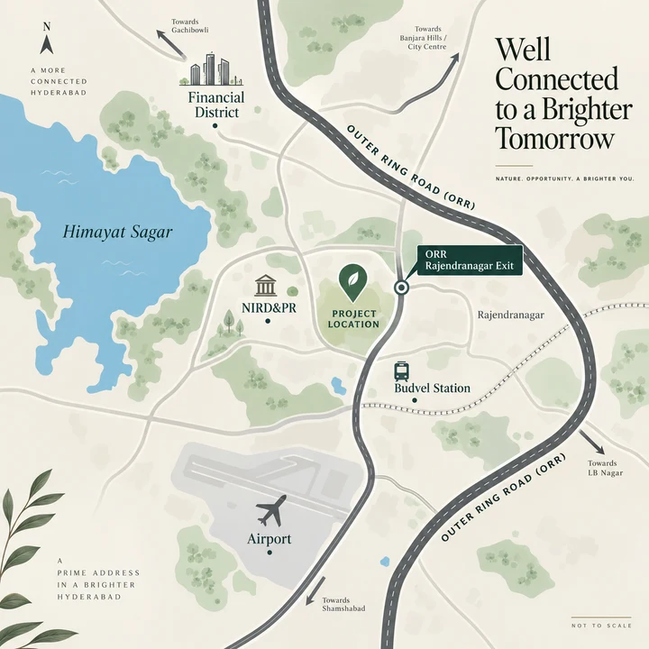 The Prestige Place Budvel location map near the ORR Rajendranagar exit with Himayat Sagar, NIRD&PR, Budvel station, the Financial District and the airport